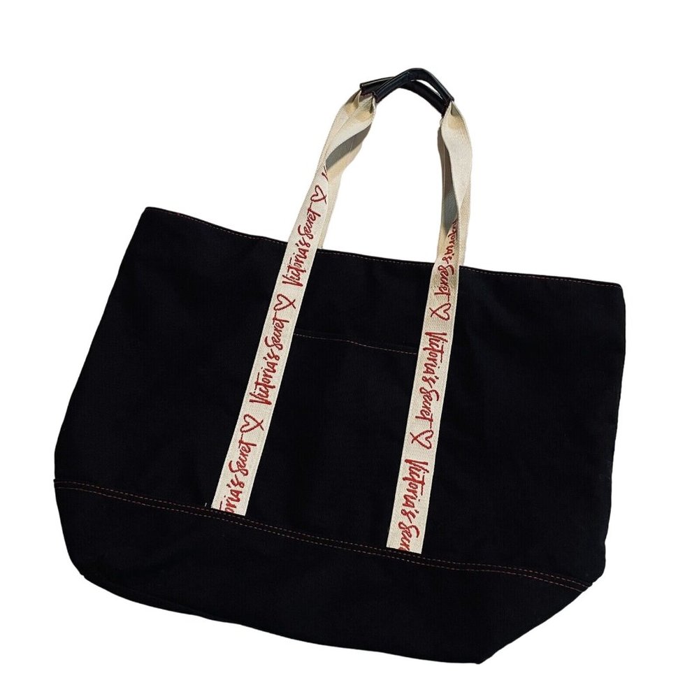 VICTORIA'S SECRET Black With Red Logo Canvas Weekender Tote Bag zips closed - Picture 2 of 9